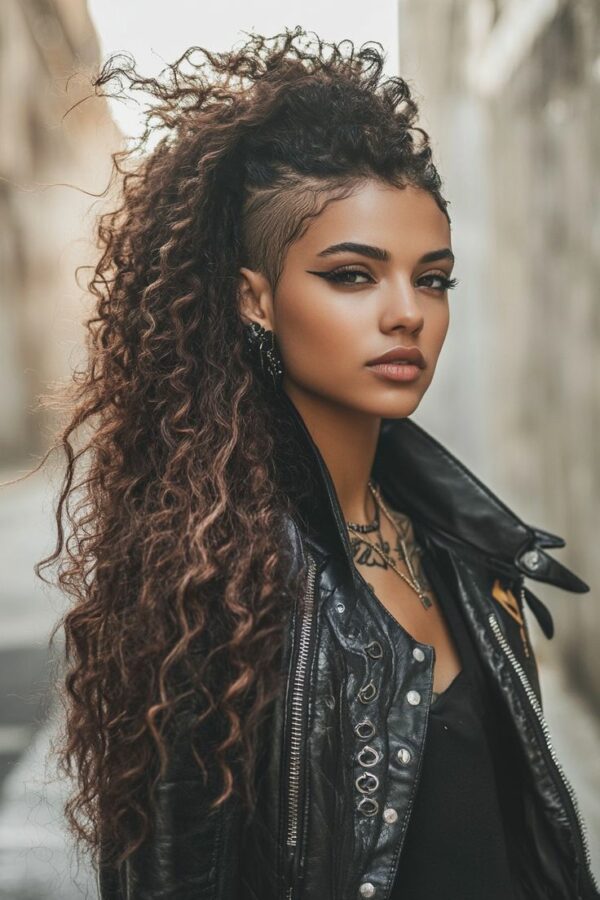 Woman with voluminous long curly hair styled with a shaved side and leather jacket