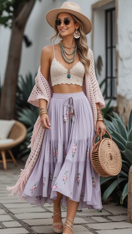 Woman wearing a lace bralette, lilac floral skirt, straw bag, and wide-brim hat