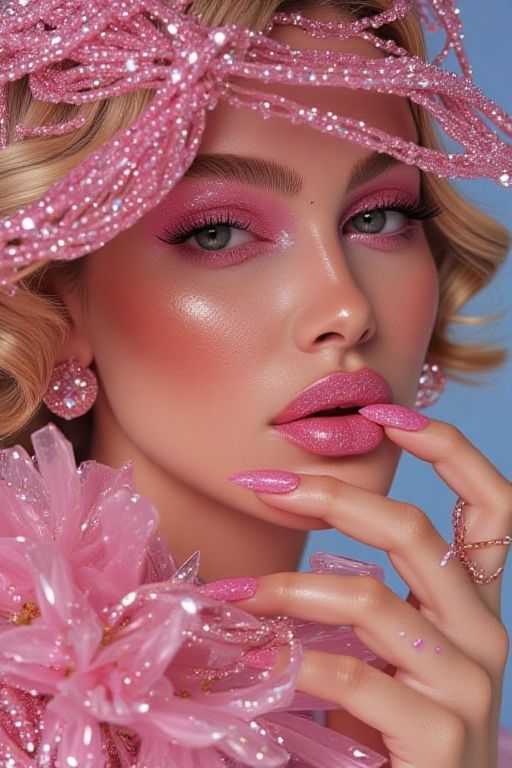 A woman wearing glamorous pink makeup with a glittery hat and matching nails