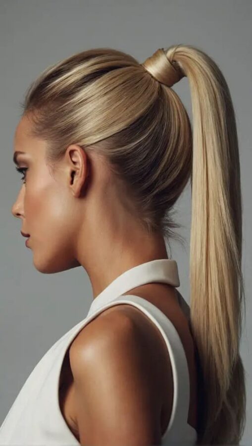 Ultra-sleek high ponytail with a smooth, glossy finish.