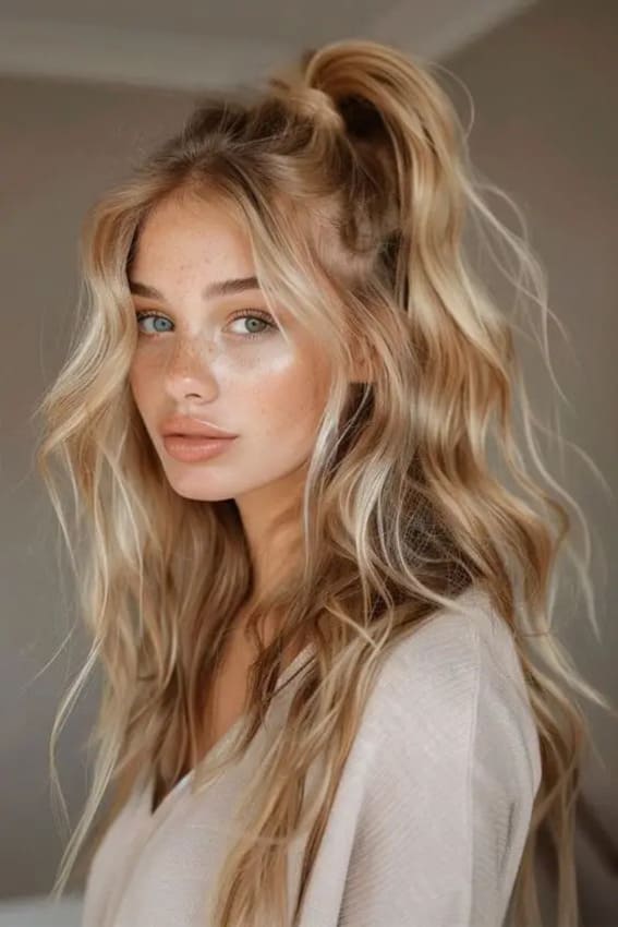 Loose high ponytail with beachy waves for a carefree style.