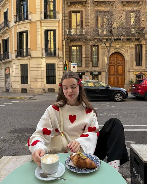 A female is wearing a white sweater, black pants, red hearts, hair bows in red, and drinking coffee and croissants at an outdoor café.