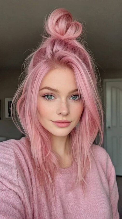 Girl with pastel pink hair styled in a half-up messy bun, wearing a cozy pink sweater