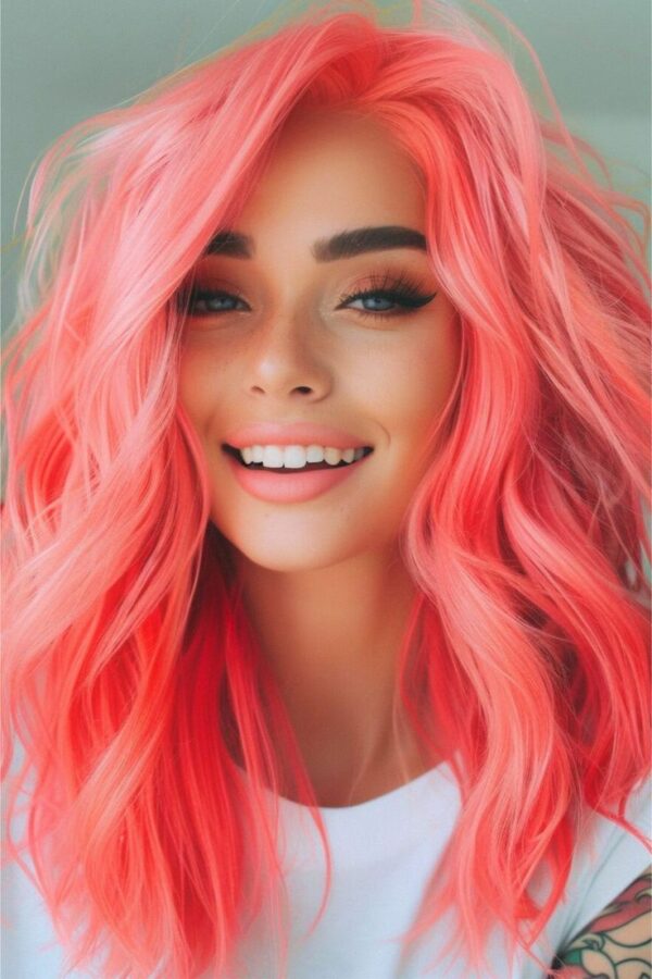 Woman with bright cotton candy pink wavy hair and natural glam makeup