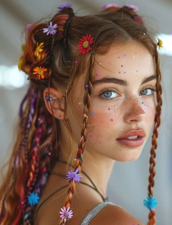 Festival hairstyle with braids, colorful flower clips, and scattered face gems