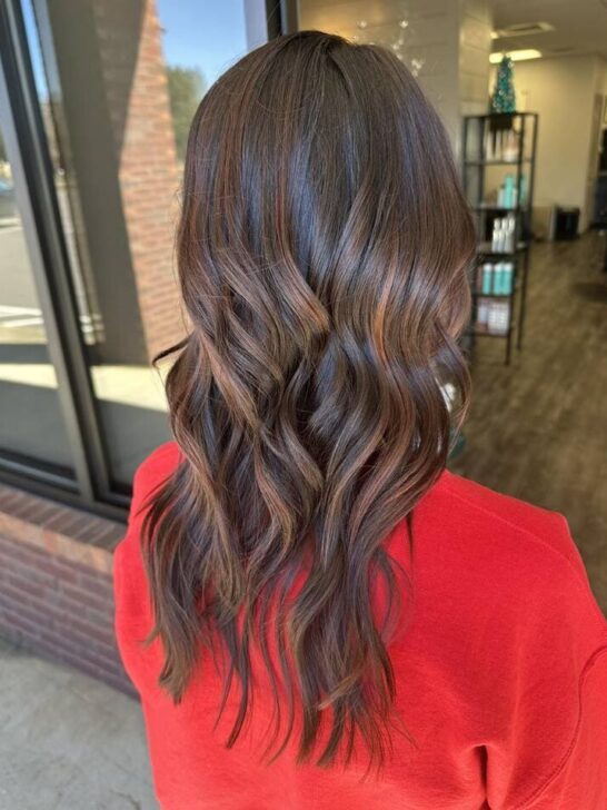 Back view of dark brown hair with mahogany copper highlights in loose waves. Photo by @cyntbeauty / Instagram.