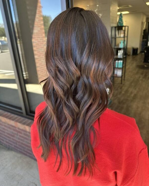 Back view of dark brown hair with mahogany copper highlights in loose waves. Photo by @cyntbeauty / Instagram.