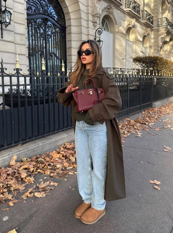 Chic winter outfit with an olive green coat, jeans, and UGG mini boots.