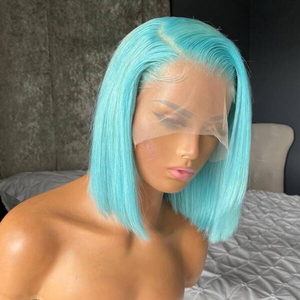 Side view of a bold ice blue wig styled in a sleek, blunt bob for a modern, edgy look.