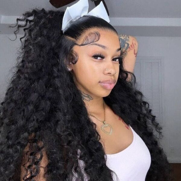 The front view is of a black wig styled in a high, curly ponytail with baby hair and a bow accessory.