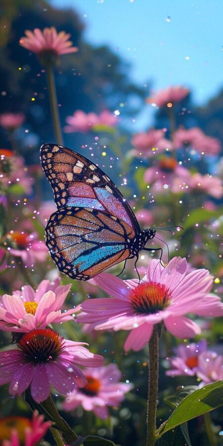 A vibrant wallpaper of a monarch butterfly resting on bright pink daisies, surrounded by magical sparkling particles and a dreamy background.