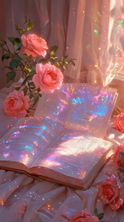 An open vintage book with glittering pages surrounded by soft pink roses and magical light reflections.