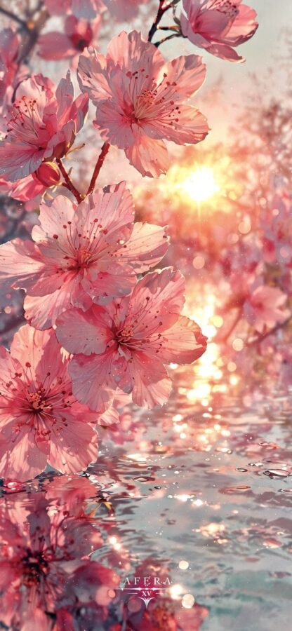 Pink cherry blossoms reflecting over water with a glowing sunset background