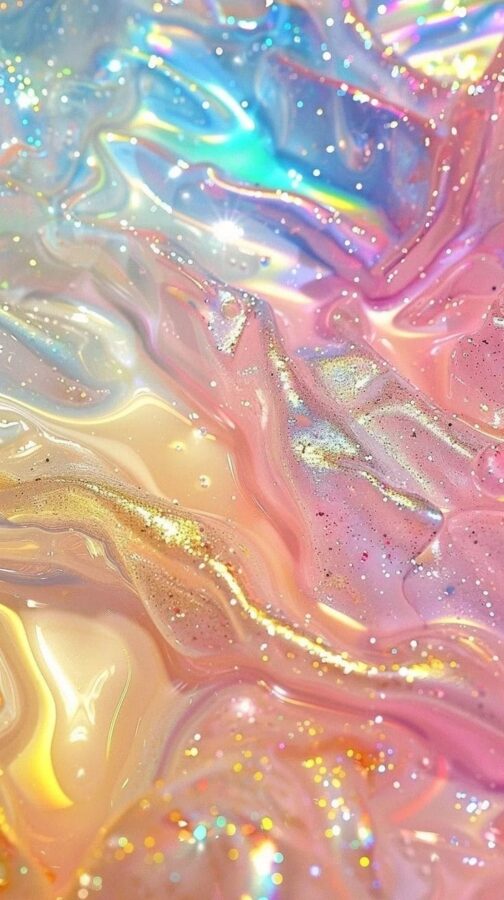 Ethereal pastel rainbow glitter waves with soft flowing textures and shimmering sparkles