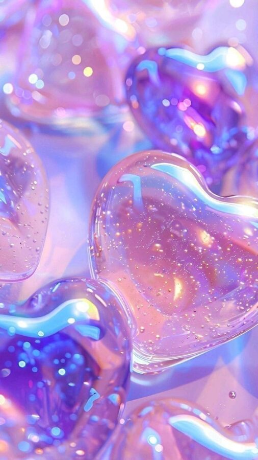 Transparent pastel hearts with glitter details on a dreamy pink and purple background