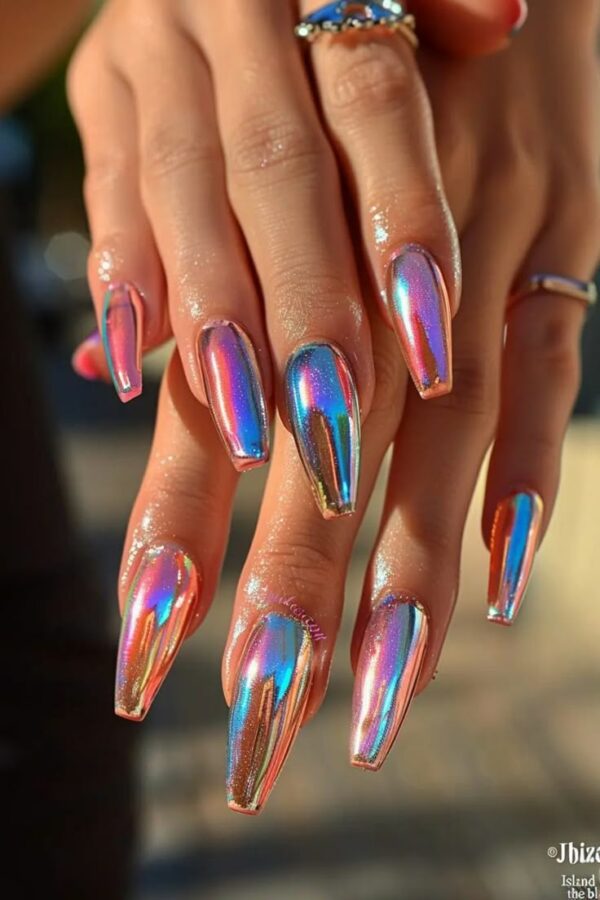 Long coffin-shaped nails with vibrant iridescent chrome finish in rainbow tones