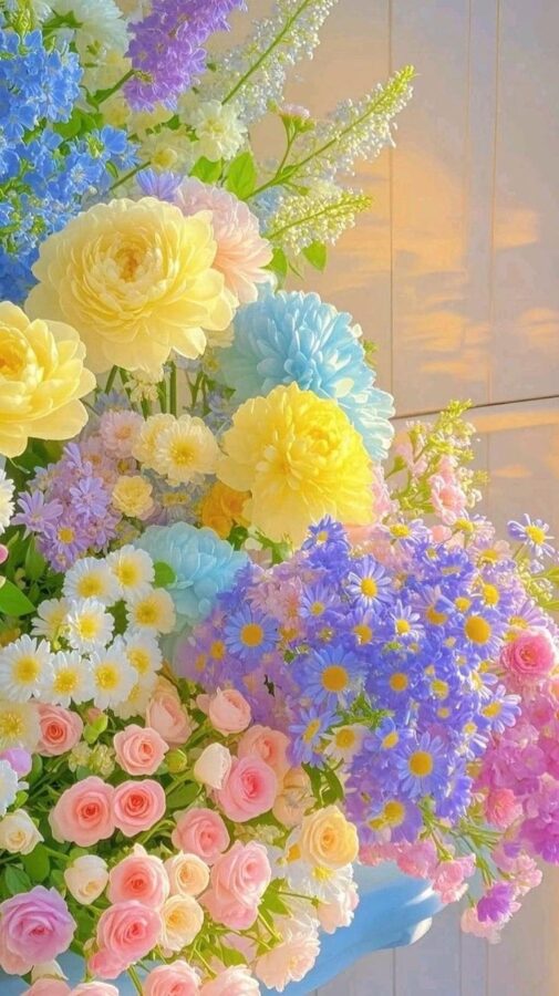 A dreamy pastel wallpaper with a vibrant mix of yellow, blue, pink, and purple flowers set against a warm backdrop.