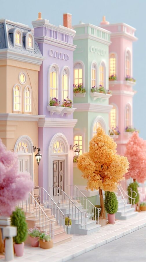 Pastel row houses with soft lighting, balconies, and blooming trees.
