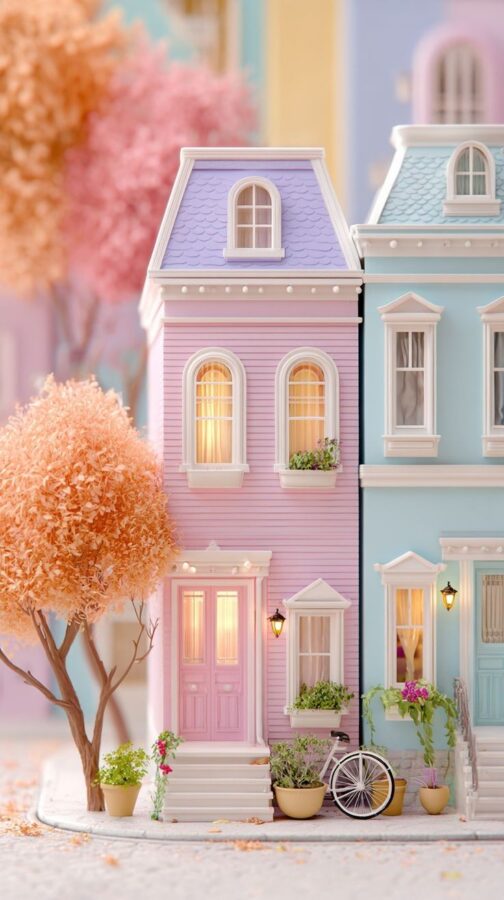 Pastel pink and blue townhouses with soft lighting and a cozy street scene.