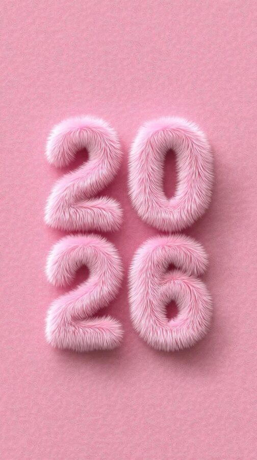Soft pink fuzzy 2026 numbers on a pastel pink background.