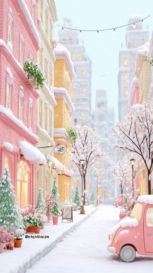 Snowy pastel pink street with cozy buildings, string lights, and a vintage pink car.