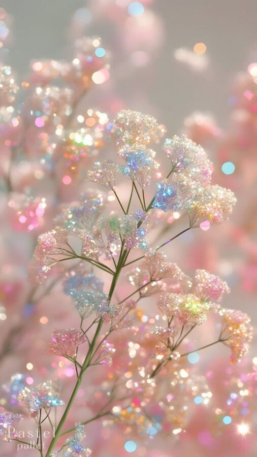 Delicate baby's breath flowers covered in sparkling pastel glitter with a dreamy bokeh background