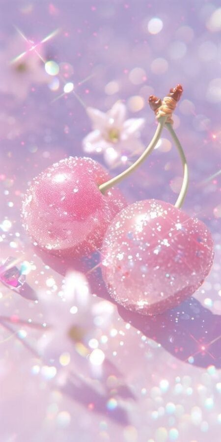 Glittery pink cherries with soft dreamy background and sparkles