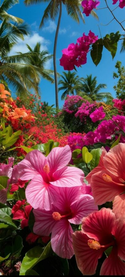 Vibrant pink, red, and orange tropical flowers with palm trees under a blue sky