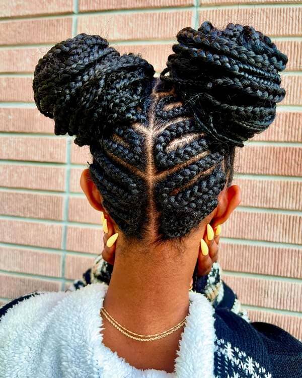 Double Braided Buns with Heart Cornrows