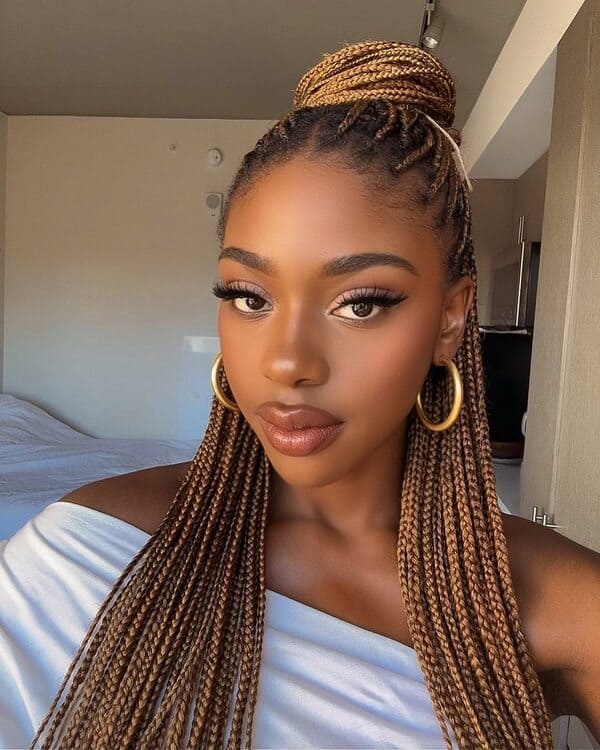 Half-Up brown Box Braids with a Top Bun