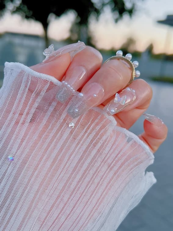 Silver Glitter Butterfly Nails with pearls