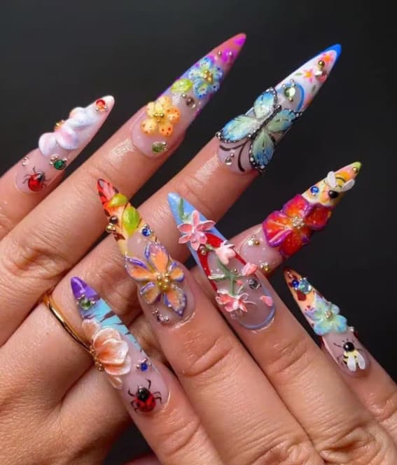 Colorful 3D Butterfly and Floral Nails 