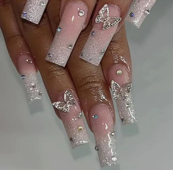 Shiny 3D Silver Butterfly Nails 