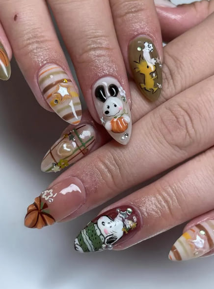 3D Snoopy and Pumpkin Fake Nails