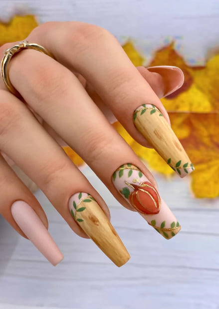 Orange Pumpkin Wood Effect Nails