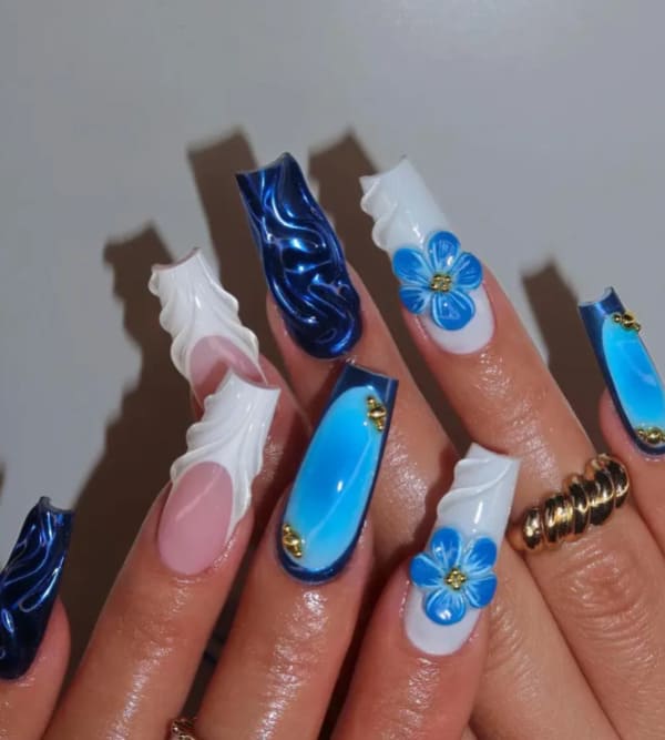 Luxury Blue Square Flower Nails