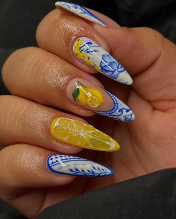 Long Stiletto Lemon and Chinoiserie Nails 