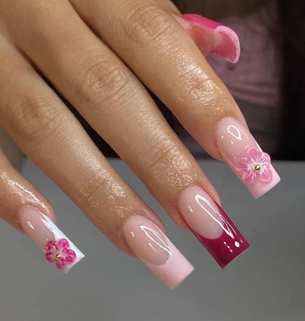 Pink French And Flower Nails 