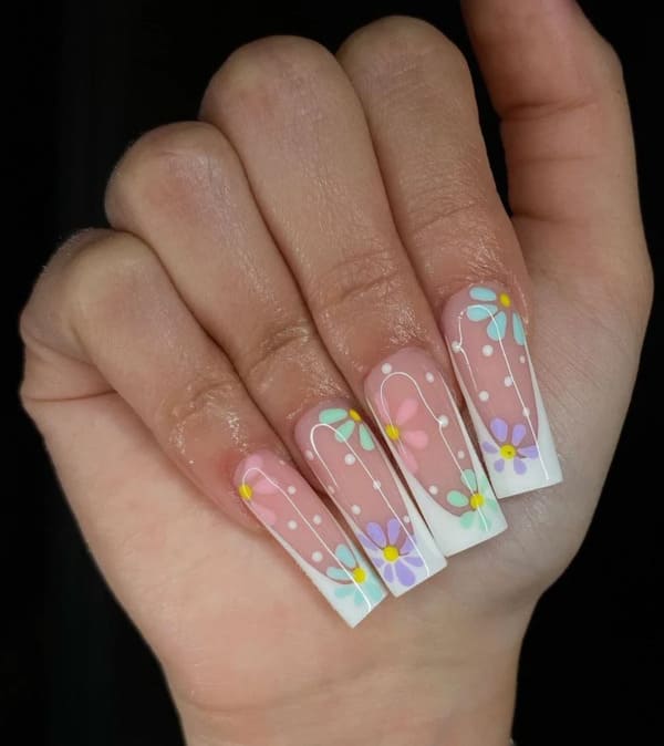 White French Tip Pastel Spring Floral Nails