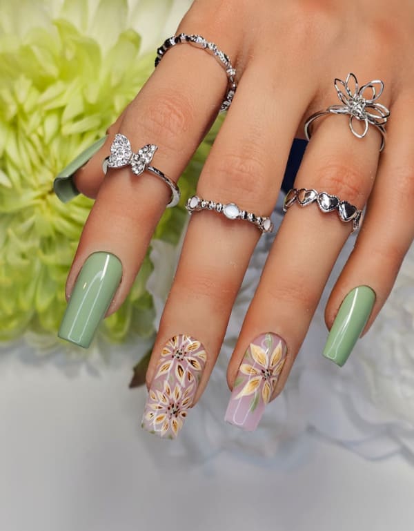 Sage green spring floral nails