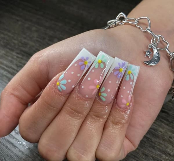 White French Tip Pastel Spring Floral Nails