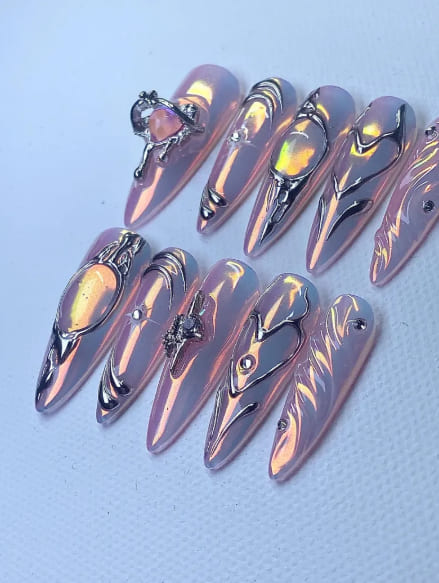 Custom Y2K chrome heart nails