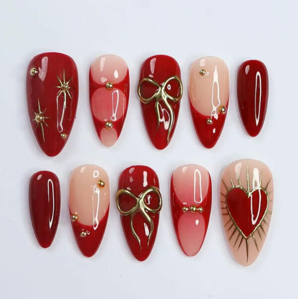 Nails with Heart Designs & Golden Gems