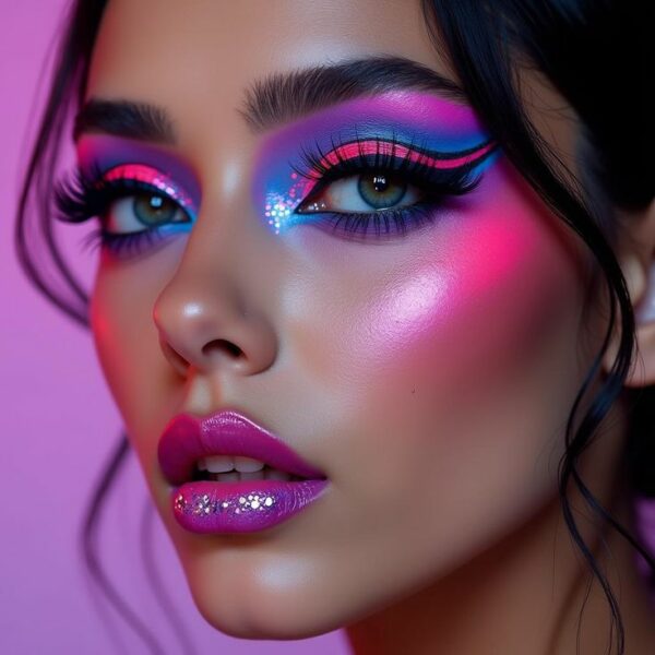 Woman with bold neon pink and blue makeup, glitter accents, and glossy lips
