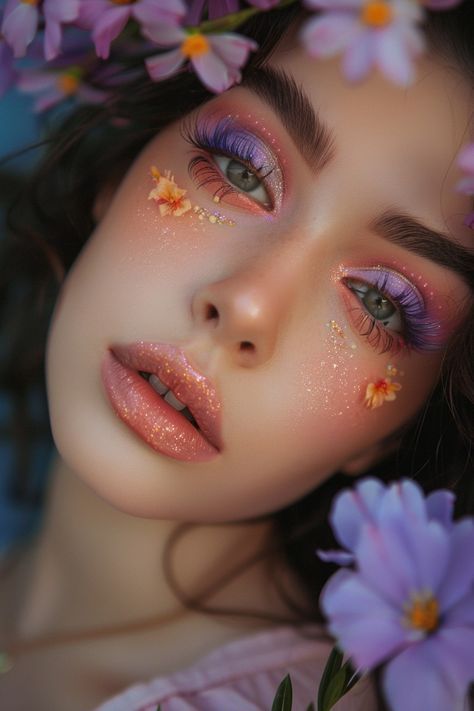 Woman wearing pastel festival makeup with purple eyeshadow, glitter, and small floral accents