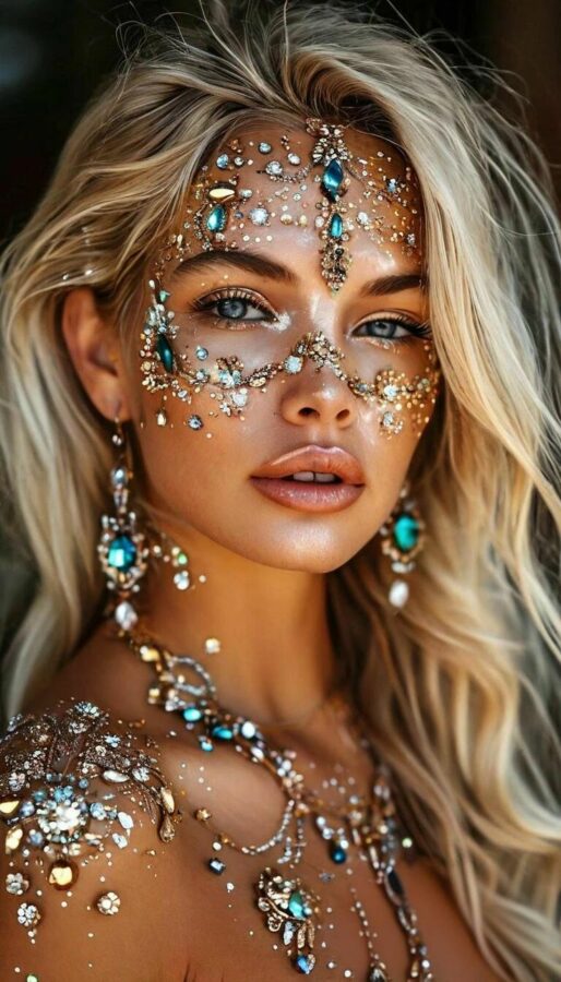 Woman with intricate festival makeup featuring gold, blue, and crystal face and body gems