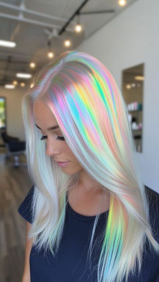 Woman with platinum blonde hair featuring soft rainbow pastel highlights