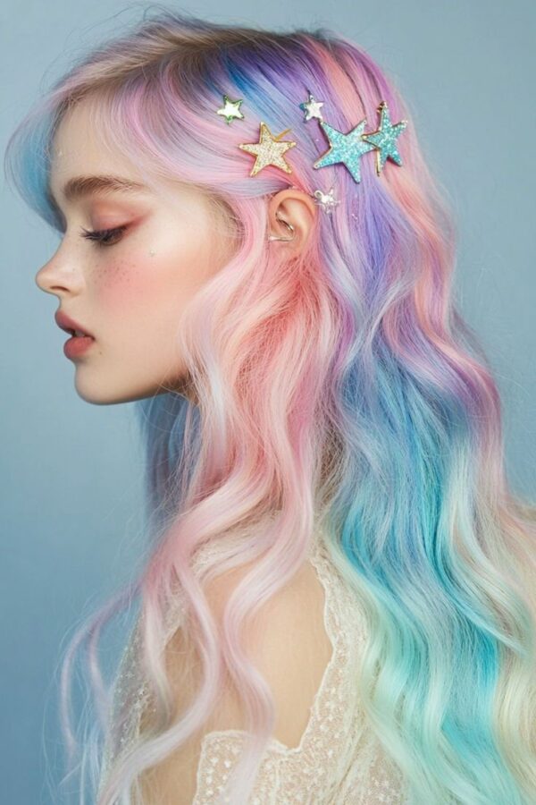 Woman with long pastel pink, purple, and blue wavy hair styled with glittery star clips
