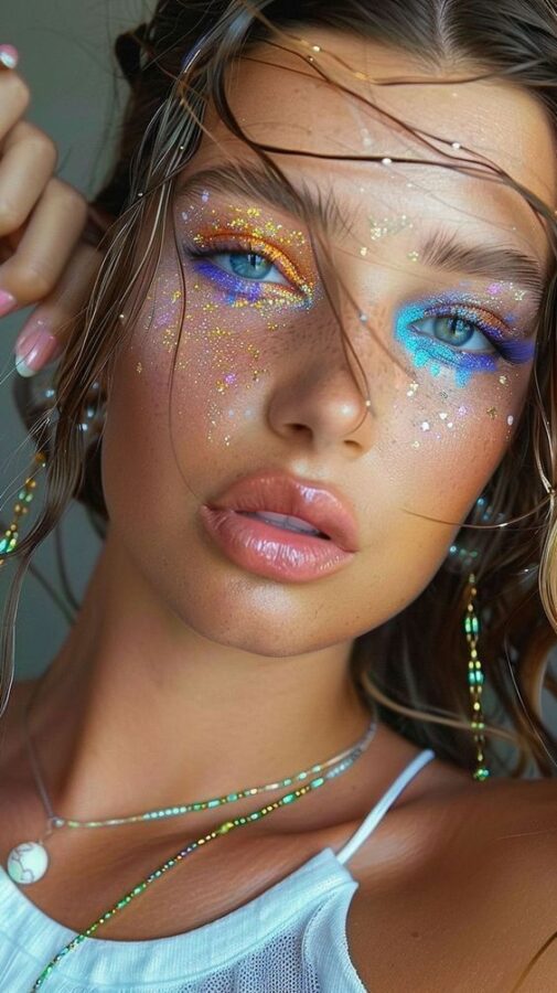 Woman with colorful glittery festival makeup featuring gold, blue, and purple tones