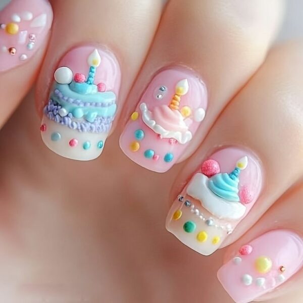 3D pastel birthday cake nail art on a pink base with colorful icing and candle designs.